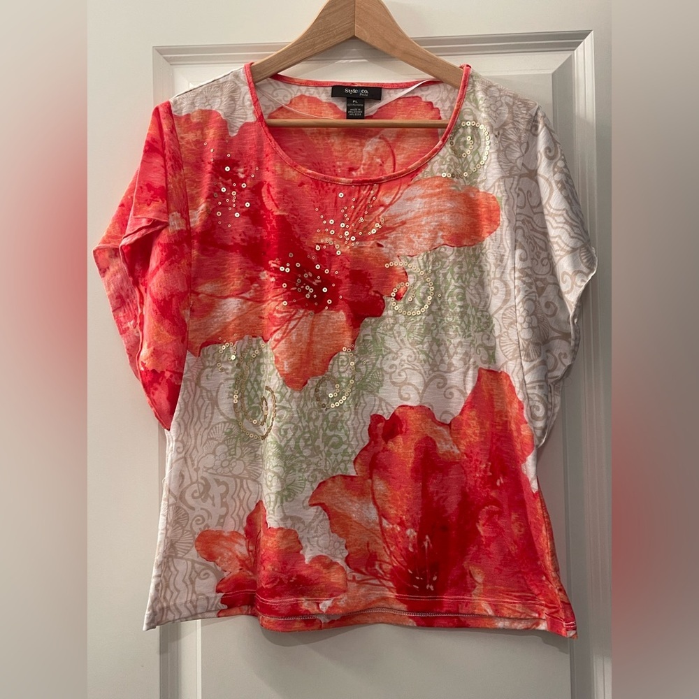 Style & Co. Vibrant Red and Cream Floral Tee with gold sequin accents